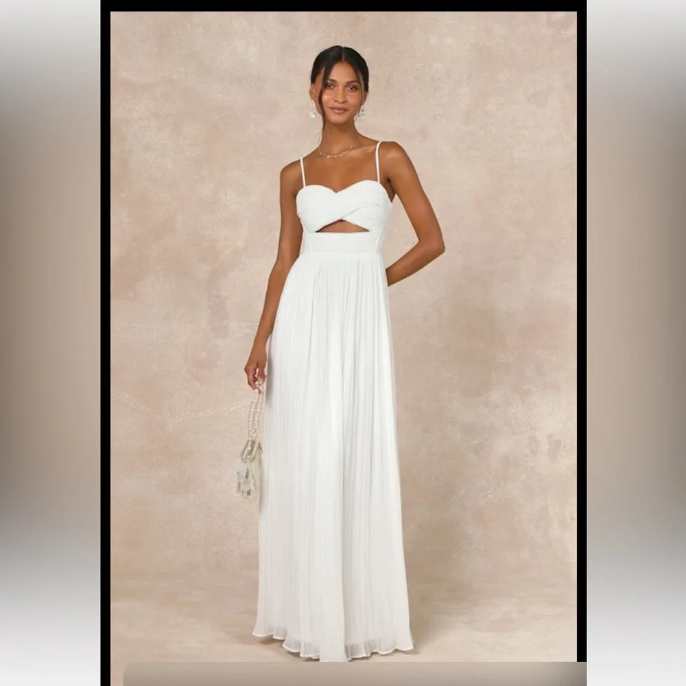 Lulus White Pleated Lace-Up Cutout Maxi Dress NWT — M & L - Picture 1 of 7